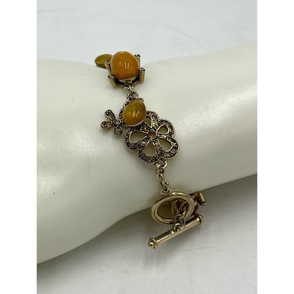 Monet Signed Yellow Cabochons & Antiqued Gold Tone Dangle Pave Toggle Bracelet - Picture 6 of 15